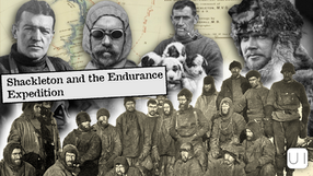 Collage of explorers in vintage gear with sled dogs on a map background. Text reads: "Shackleton and the Endurance Expedition." Mood is adventurous.