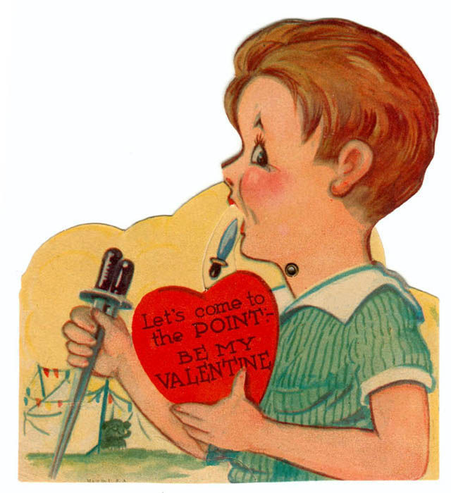 Vintage cartoon boy with microphone, heart reads "BE MY VALENTINE" on card.