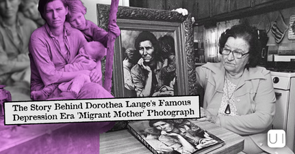 Collage of Dorothea Lange’s Migrant Mother with children, and an elderly woman in a kitchen holding a framed photo; text banner.