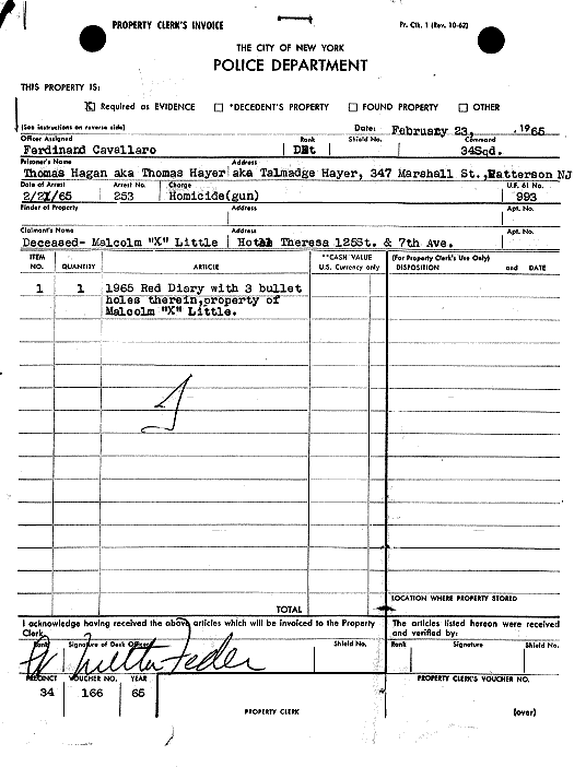 Police Department invoice from 1965 detailing a red diary with bullet holes, property of Malcolm X. Includes date, addresses, and signatures.