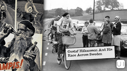 Bearded man cycling in a race, wearing number 10 jersey, cheered by onlookers. Vintage black-and-white photo, Sweden, 1950s.