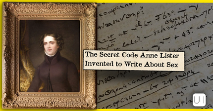 Portrait of Anne Lister in ornate frame beside handwritten notes; title reads The Secret Code Anne Lister Invented to Write About Sex