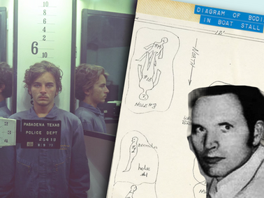 Young man faces camera in front of height chart, reflected in mirrors. Police placard reads Pasadena Texas. Crime scene diagram and clock visible.