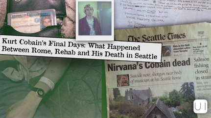 Collage with ID, person in a hoodie, handwritten note, and newspaper headline "Nirvana's Cobain dead." Text: "Kurt Cobain's Final Days."