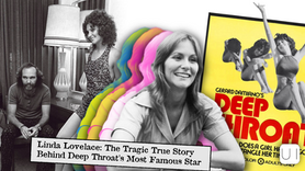 Black-and-white photos of two Linda Lovelace in a room with a lamp, colorful overlapping images of a smiling woman, and a yellow movie poster. Text: "Linda Lovelace: The Tragic True Story Behind Deep Throat's Most Famous Star."