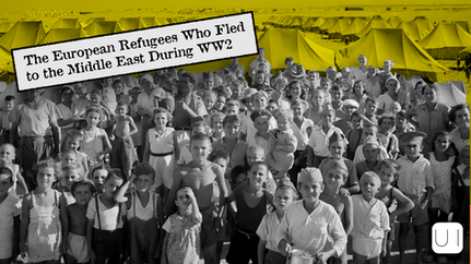 Crowd of European refugees during WW2, with many children in the foreground. Yellow tents in the background. Text: "The European Refugees."