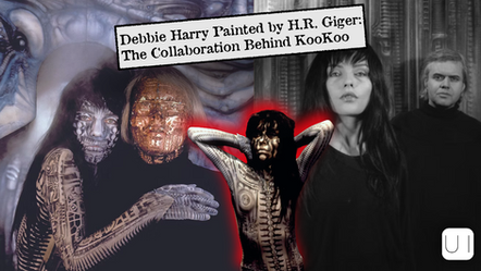 Artistic image of two people with body paint and metallic designs, featuring a newspaper clipping titled "Debbie Harry Painted by H.R. Giger."