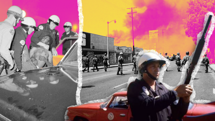 Police officers restrain a shirtless man beside a car. Background shows officers on a street with vibrant pink and yellow sky, conveying tension.