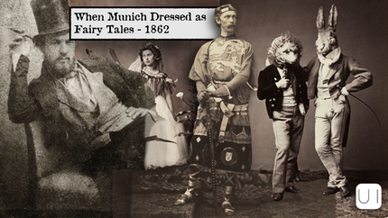 People in vintage fairy tale costumes pose in an old photo. Text reads "When Munich Dressed as Fairy Tales - 1862".