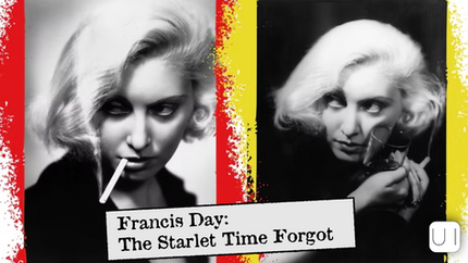 Blonde woman with a cigarette, and holding a glass. Black and white photos with red and yellow splashes. Text: Francis Day: The Starlet Time Forgot.