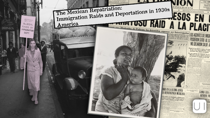 Black-and-white collage of 1930s immigration raids: a woman holds "Stop Illegal Raids" sign, an old newspaper, and a mother with child.