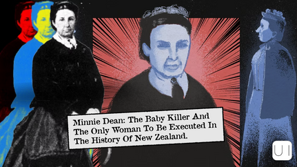 A woman in 19th-century attire stands next to a chair. The adjacent newspaper article headline reads "Minnie Dean Sentenced to Death."
