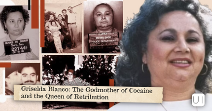 Collage of Griselda Blanco mugshots and family photos with title text: Griselda Blanco: The Godmother of Cocaine and the Queen of Retribution