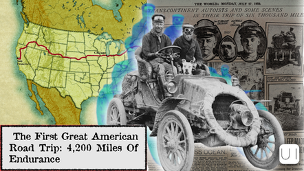 Vintage car and two men with a dog, map of the US showing a route from San Francisco to Chicago, old newspaper; text reads "The First Great American Road Trip: 4,200 Of Endurance."