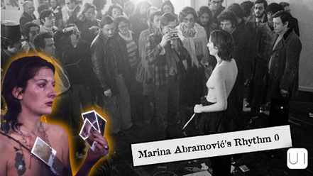 A woman holding photos in a crowded gallery setting. A shirtless figure faces the crowd. Text: "Marina Abramović's Rhythm 0." Mysterious mood.