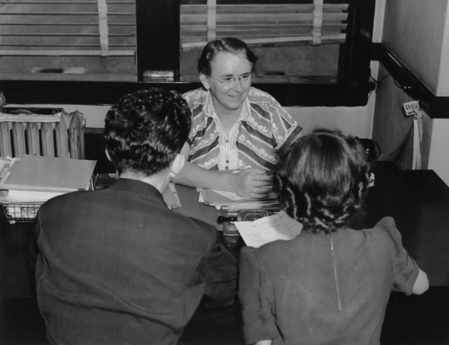 September 1, 1939, Georgia Tann meeting with prospective adoptive parents at the Memphis branch of the Tennessee Children's Home Society.