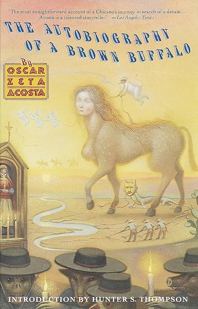 BY OSCAR ZETA ACOSTA, glowing female centaur in desert with small figures.