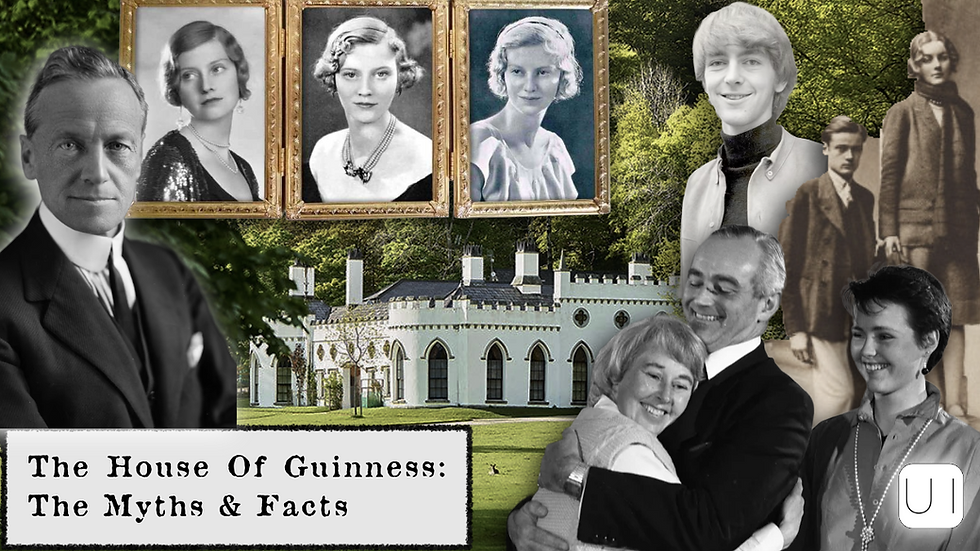 Collage of vintage portraits and smiling couples over a historic house. Text: "The House Of Guinness: The Myths & Facts."
