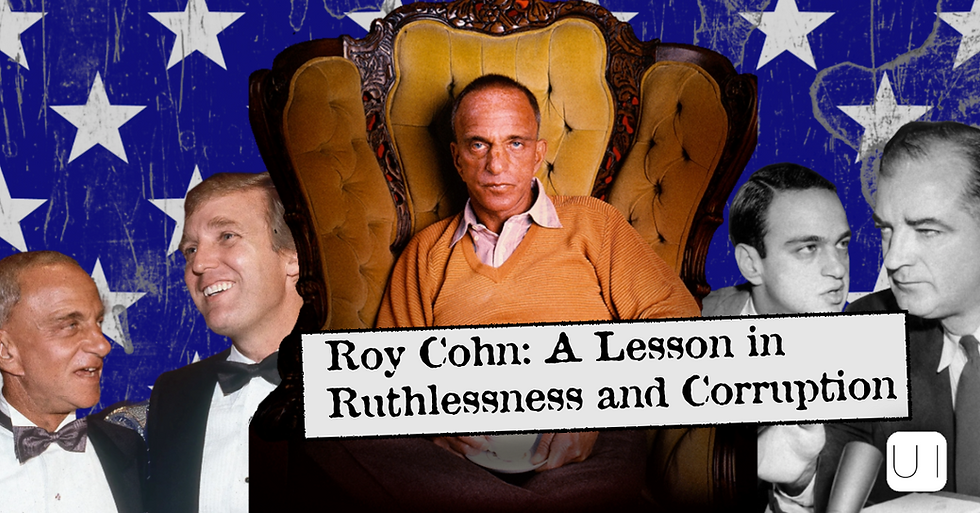Man in orange sweater sits with a cup of tea on an ornate chair. Background features star pattern. Two pairs of men converse on each side.
