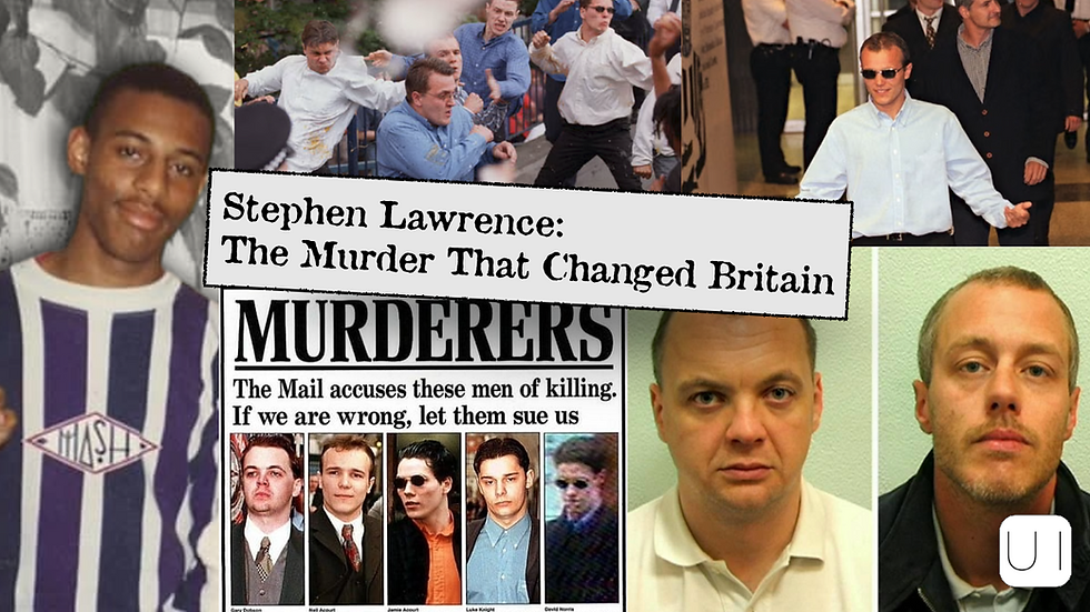 Collage of Stephen Lawrence, protests, suspects, and headline "MURDERERS." Text reads: "Stephen Lawrence: The Murder That Changed Britain."