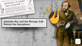 A man in vintage attire stands beside saxophone designs and an animated saxophone. Text: "Adolphe Sax and the Strange Life Behind the Saxophone."