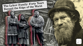 Three people in winter clothing stand together outdoors, with an older man’s sepia portrait beside them. Text reads “The Lykov Family.”