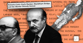 Collage of black-and-white portraits of Roberto Calvi over orange typewritten background, with title text about his murder and Blackfriars Bridge