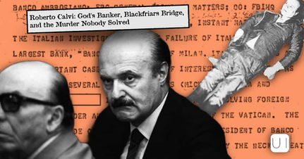 Collage of black-and-white portraits of Roberto Calvi over orange typewritten background, with title text about his murder and Blackfriars Bridge