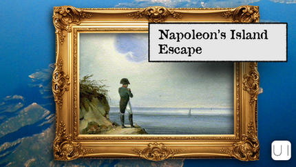 Framed painting of a figure in a hat on a cliff, gazing at the sea. Text: Napoleon's Island Escape. Ocean backdrop. Classic style.