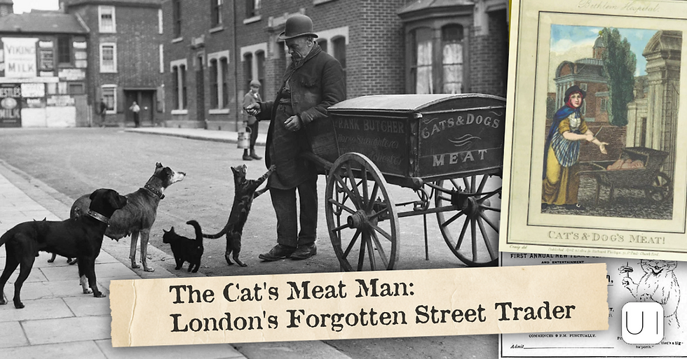 Collage of a street meat seller feeding cats and dogs beside a cart, with vintage posters and title text, The Cat's Meat Man.
