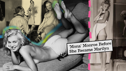 Collage of Marilyn Monroe posing in vintage photos, some in lingerie. Text reads "'Mona' Monroe Before She Became Marilyn." Retro vibe.
