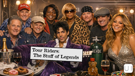 Celebrities sit together smiling, one in leopard print, another in purple holding a guitar. Champagne, donuts, and text: Tour Riders. Glamorous.