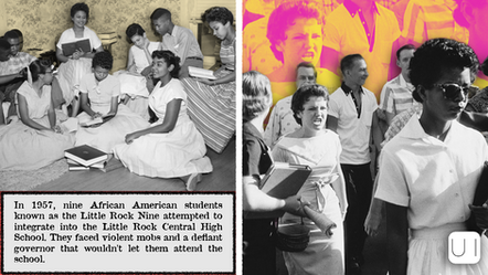 Black and white photo of Little Rock Nine students studying and facing a hostile crowd in 1957. Text explains integration challenges.