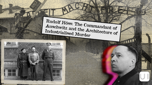 Historical photo of three men standing in front of a brick wall. Background shows Auschwitz gate with text: "Rudolf Höss: The Commandant..."