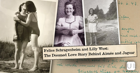 Collage of vintage black-and-white women’s photos and handwritten notes, with title Felice Schragenheim and Lilly Wüst.