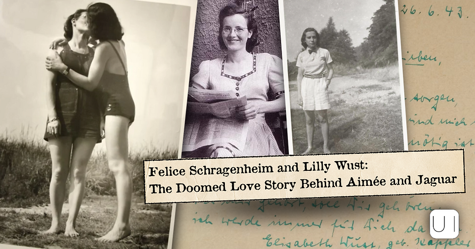 Collage of vintage black-and-white women’s photos and handwritten notes, with title Felice Schragenheim and Lilly Wüst.