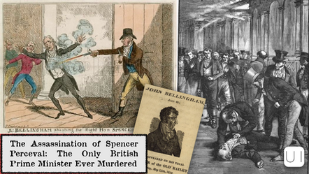 Historic illustration of Spencer Perceval's assassination by John Bellingham. Perceval in shock, Bellingham armed. Crowd and documents visible.