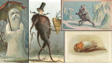 Bizarre Christmas scenes include a melting snowman with umbrella, root vegetable person, polar bear hug, and a dead bird. Text: Merry Christmas.