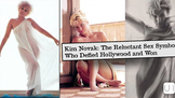 Collage of Kim Novak in glamorous poses, with headline text: Kim Novak: The Reluctant Sex Symbol Who Defied Hollywood and Won