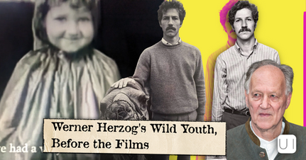 Collage of Werner Herzog as a child and adult, with portraits on bright yellow, titled Werner Herzog's Wild Youth, Before the Films