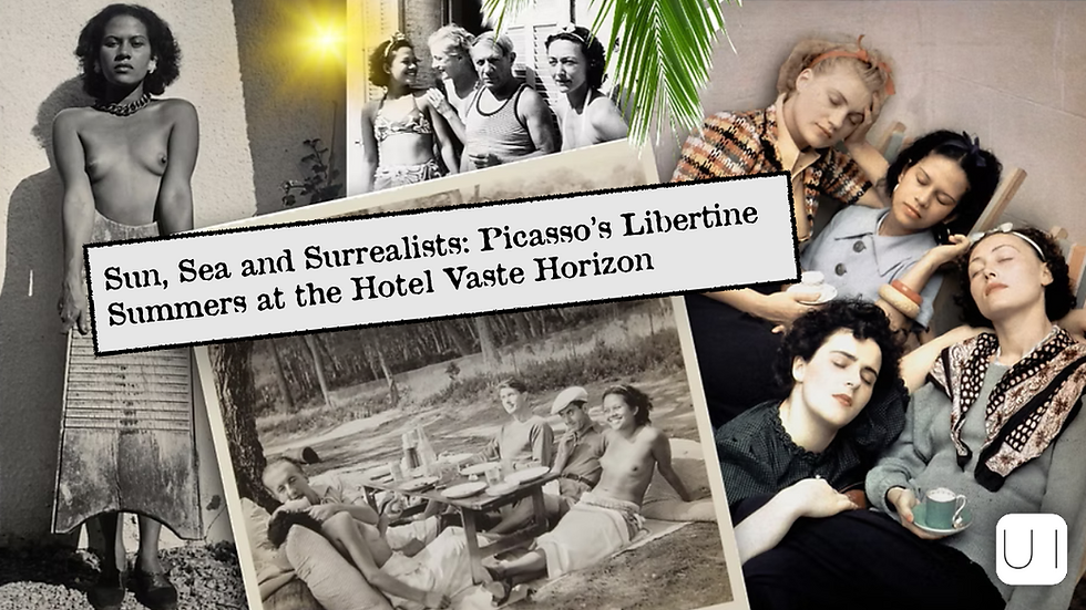 Vintage collage: a woman in sunlight, a group under palm trees, friends picnicking, and three women napping on a bench. Relaxed, carefree atmosphere.