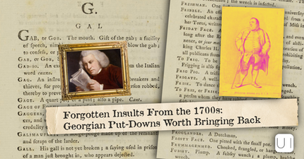 Collage of old dictionary pages with a framed portrait, yellow poster, and headline: Forgotten Insults From the 1700s
