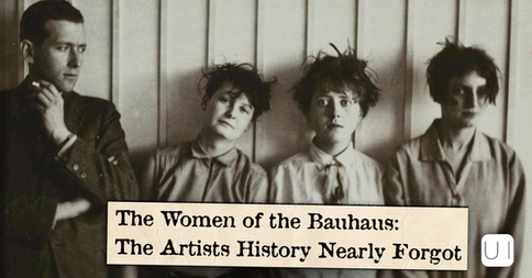 Black-and-white photo of four Bauhaus figures against a paneled wall, with title text: The Women of the Bauhaus.