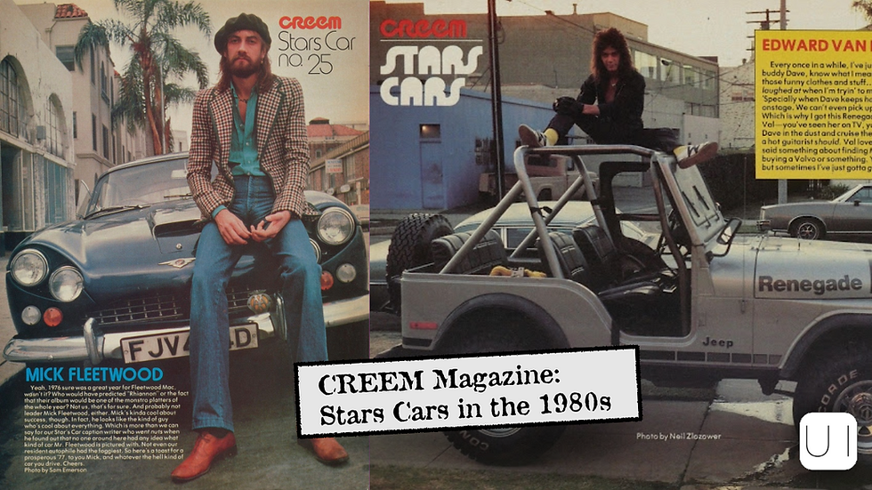 Two people pose with cars in a vintage 1980s urban setting. Text reads "CREEM Magazine: Stars Cars in the 1980s."