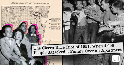 Collage on Cicero race riot of 1951: children over a map, and a black-and-white mob confronting a man; title text across bottom.