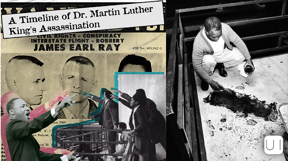 Collage with Dr. Martin Luther King's images, a suspect's mugshot, "A Timeline of Dr. Martin Luther King's Assassination" text. Man examines stain.