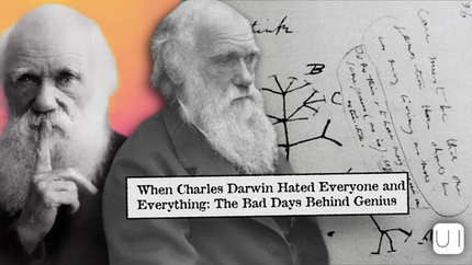 Charles Darwin with a thoughtful expression, Darwin's tree sketch, and text: "When Charles Darwin Hated Everyone and Everything: The Bad Days Behind Genius."