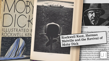 Moby Dick book covers, illustrated by Rockwell Kent, with black-and-white whale art. Text reads: Rockwell Kent, Herman Melville.