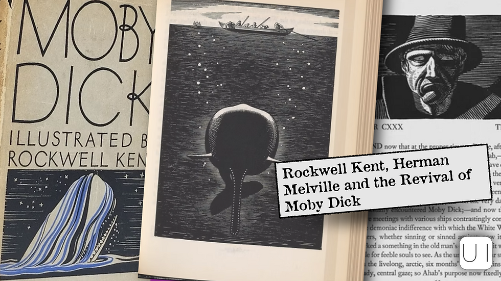 Moby Dick book covers, illustrated by Rockwell Kent, with black-and-white whale art. Text reads: Rockwell Kent, Herman Melville.