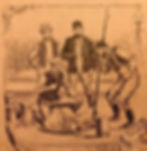 Four men on a boat investigating a body wrapped in cloth.